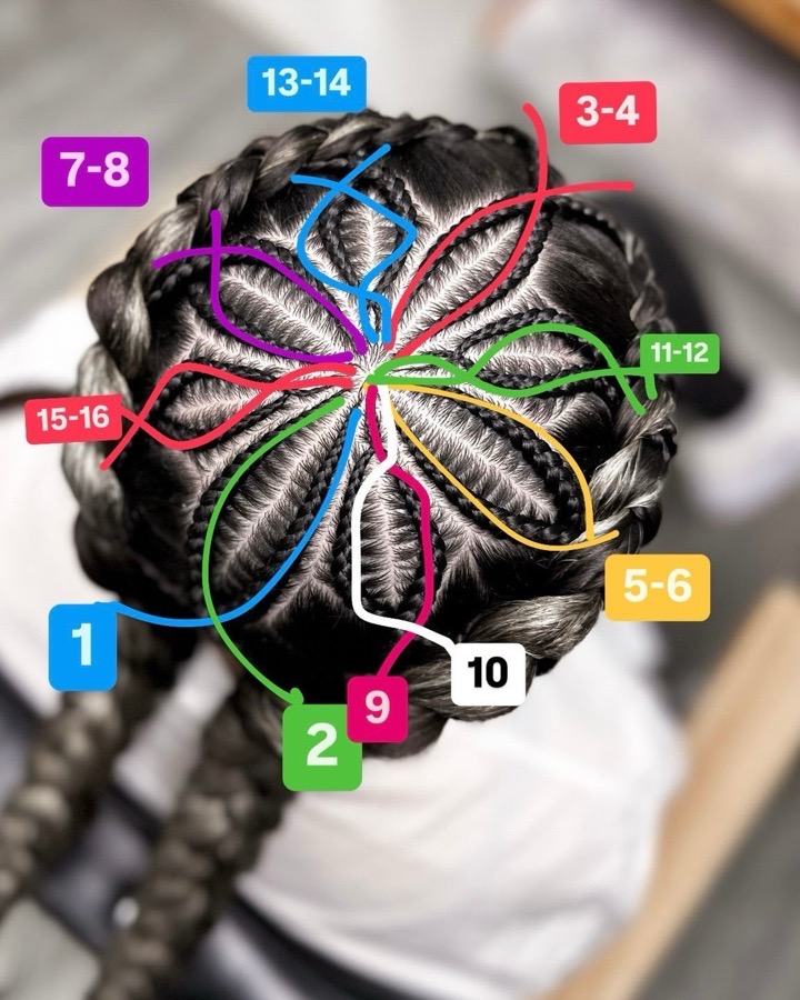 The same hairstyle by Olga Olikova with the braiding pattern drawn over it, braids numbered 1 to 16